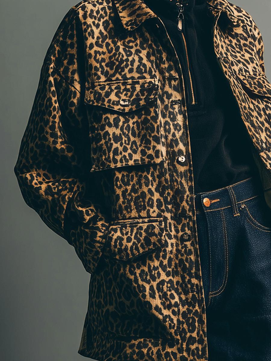 Women's Retro Brown Leopard Print Cotton Blend Lapel Jacket MDA0814K6T