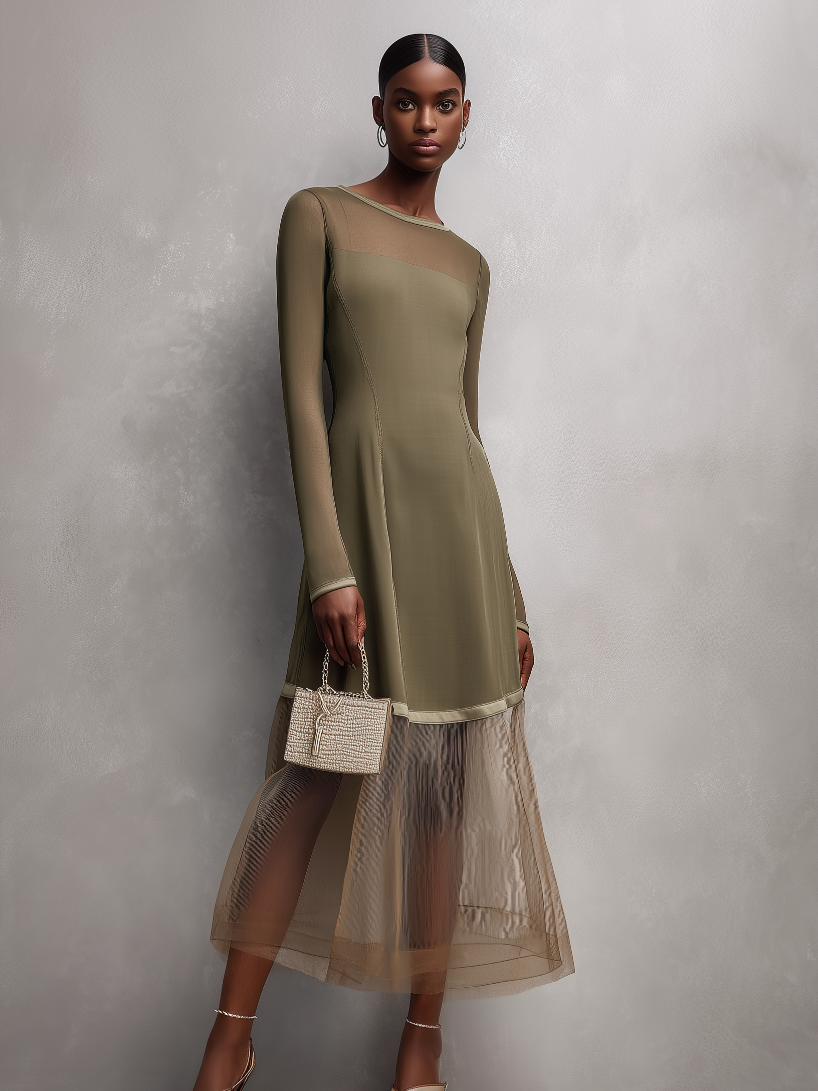 Women's Elegant Gray-green Round Neck Long-sleeved Slim-fit Stretch Knit Midi Dress MDA2329L4AN