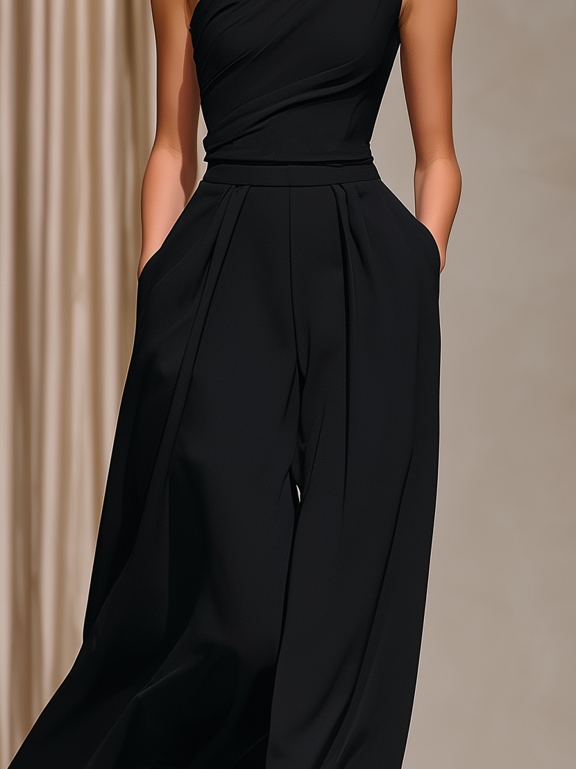 Women's Elegant Black Stretchy Knit Sleeveless One-shoulder Top And Wide-leg Pants Set MDZ0515A4AN