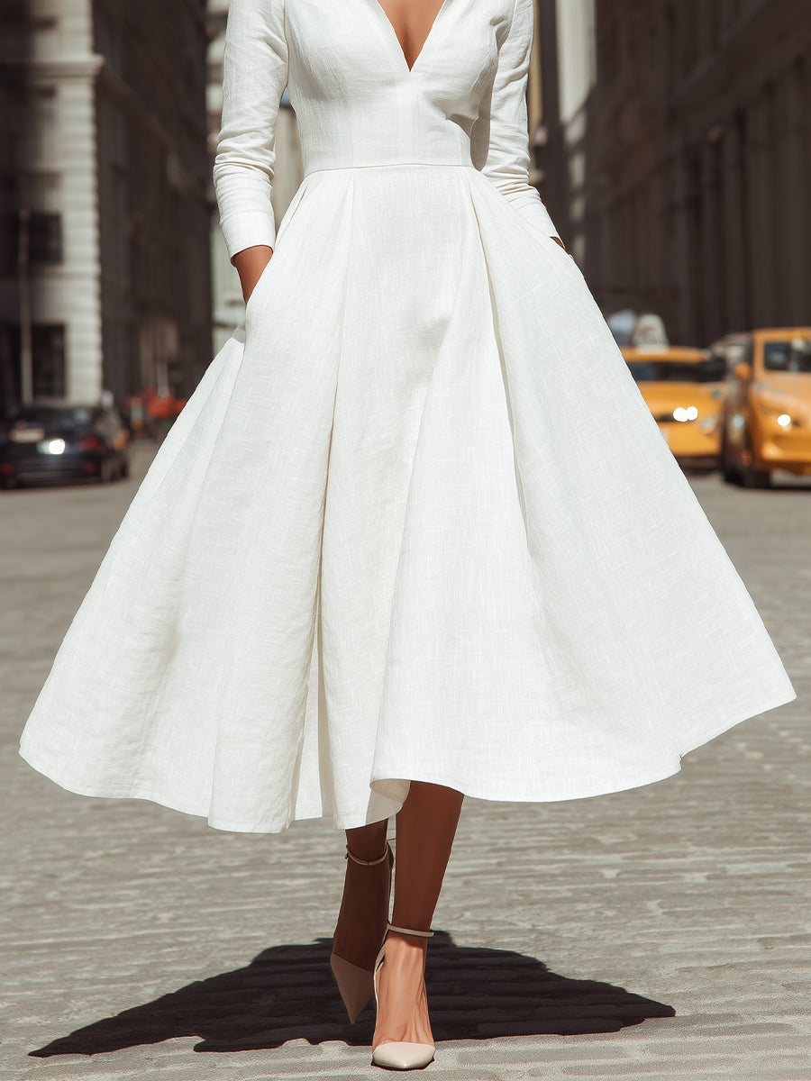 Women's Crisp White Linen Dress With Deep V-Neck & Flared Midi Skirt, Timeless Effortless-Chic Style Dress MDA1881L9I