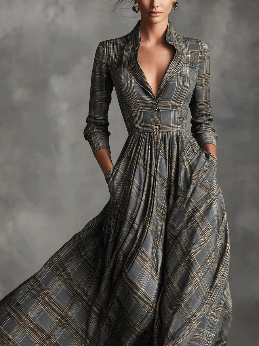 Women's Grey Sophisticated Tartan - Patterned Linen - Blend Flared Maxi Dress MDA0222I7I