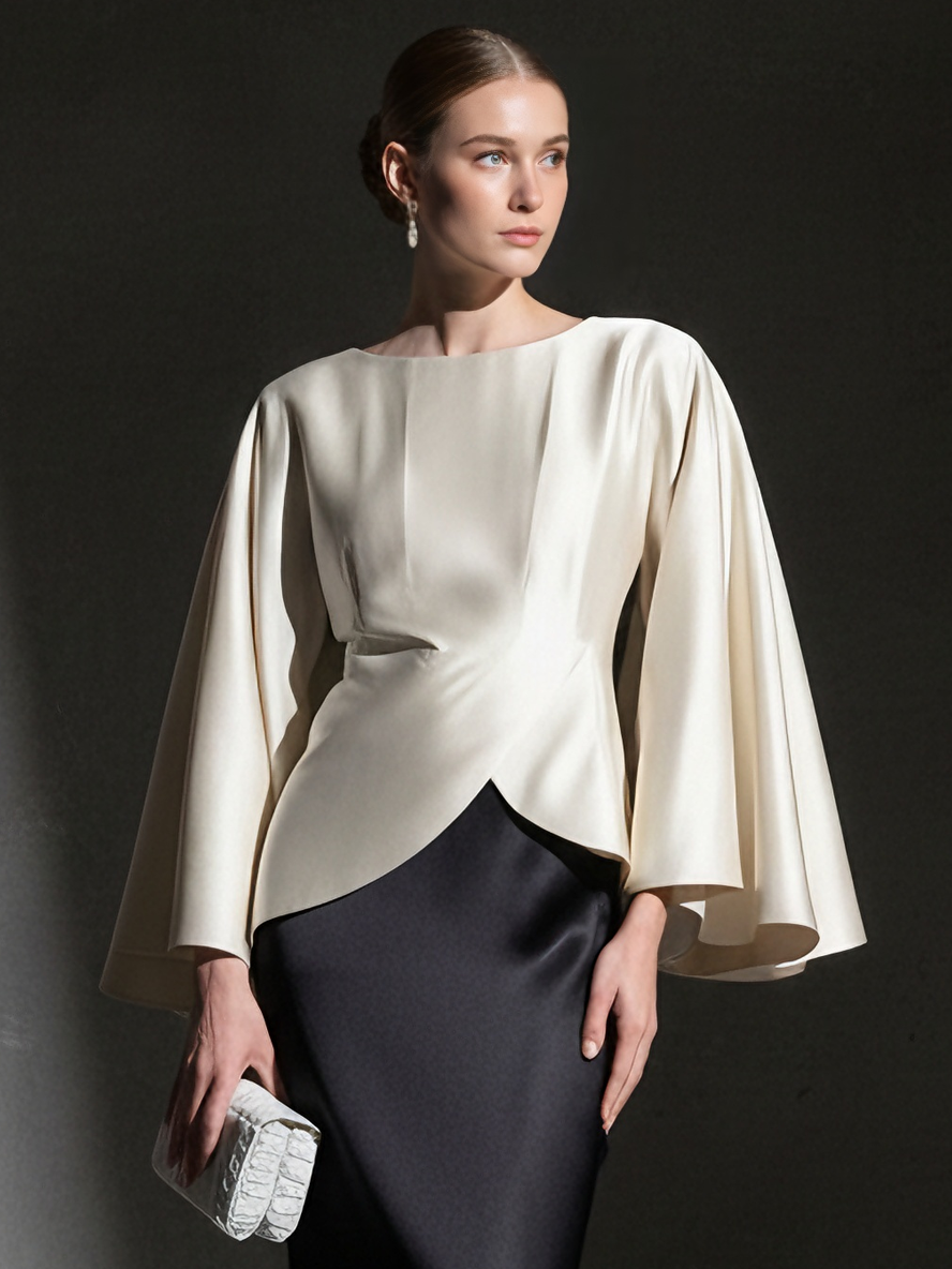 Women's Luxe Satin Ivory & Black Crew-Neck Cape-Sleeve Asymmetrical Top & Maxi Skirt Set MDA1712L0AU
