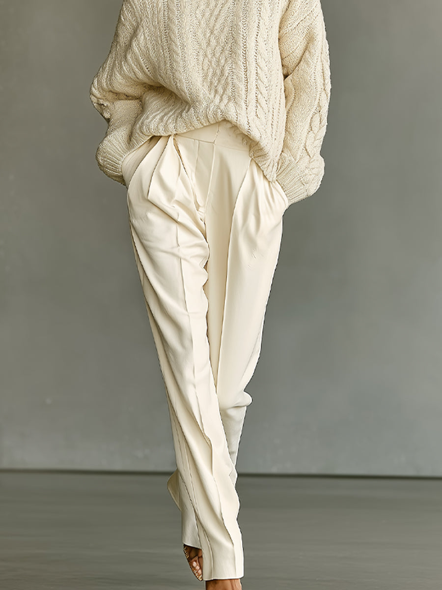 Women's Cream Classic Cable - Knit Oversized Sweater And Tailored Pants Set MDA1695I3I