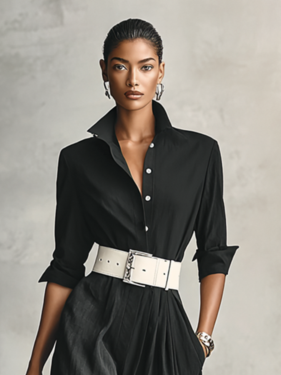 Women's Lapel Single Breasted Long Sleeve Belted Jumpsuit MDA2274G1Y