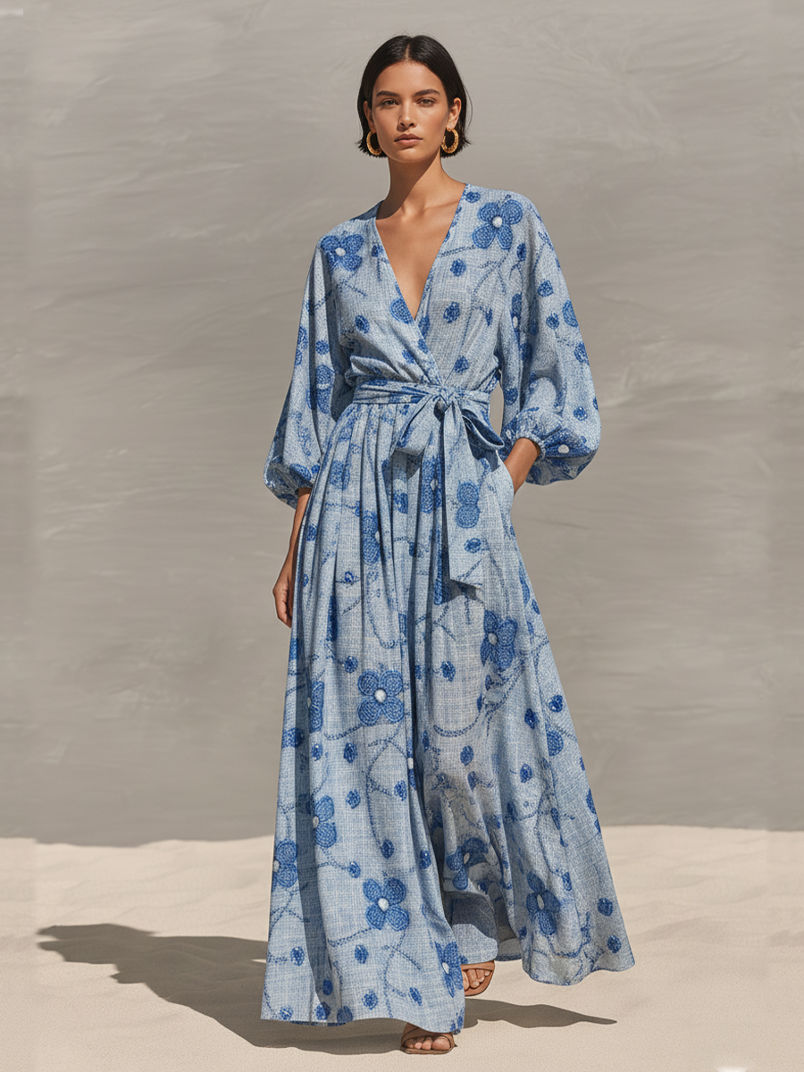 Women's Light Blue Floral Maxi Dress With Wrap Bodice & Puffed Sleeves, Timeless Resort-Elegant Style Dress MDZ2514B7I