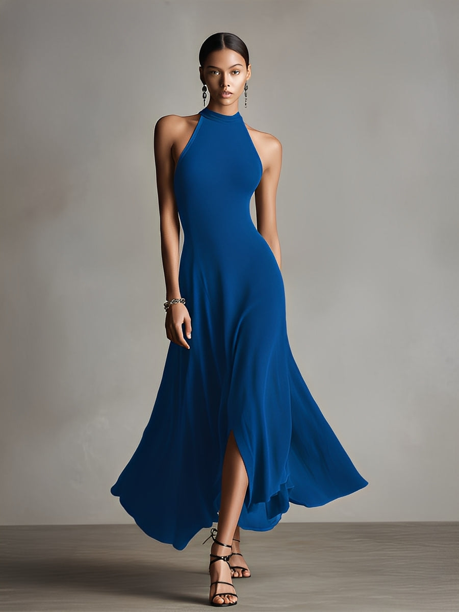 Women's Royal Blue Ribbed Knit Dress With Halter Neck & Side Slit, Timeless Sleek-Chic Style Dress MDZ0995A9I
