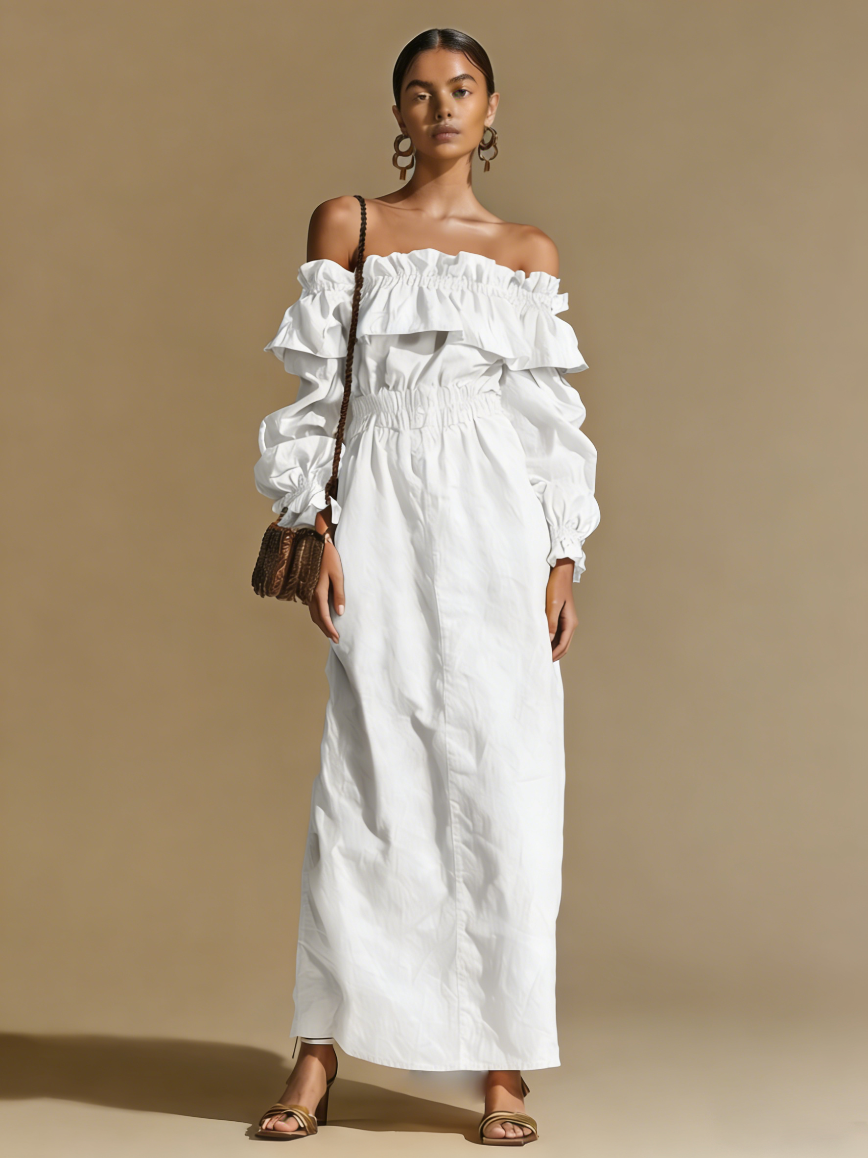 Women's Elegant White Off-shoulder Long-sleeved Elastic Waist Dress MDA1535L2AN