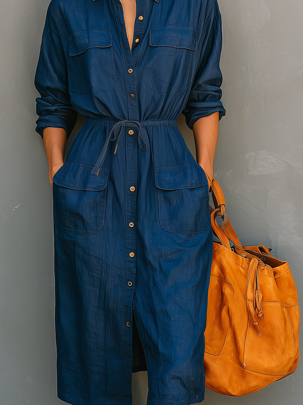 Women's Casual Denim Blue Shirt Collar Long-sleeved Drawstring Elastic Waist Midi Dress MDA1543L0AN