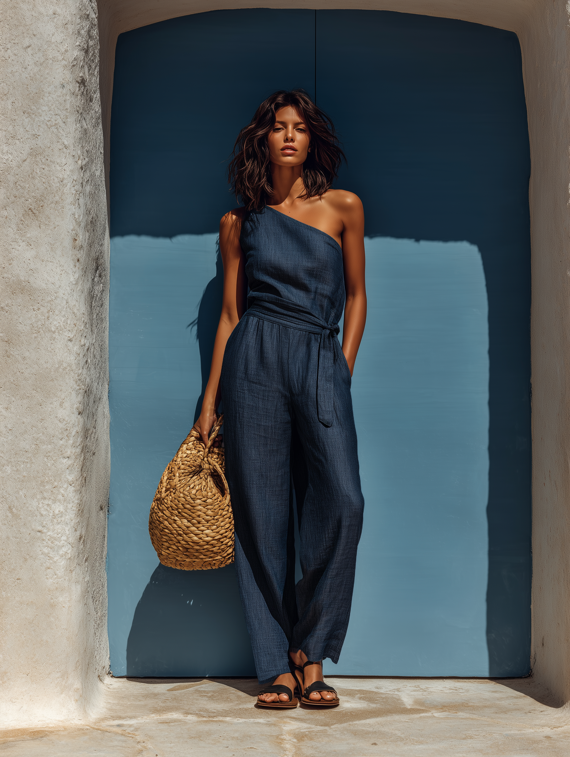 Women's Minimalist Denim-look One-shoulder Straight-leg Jumpsuit MDZ0506B8Y