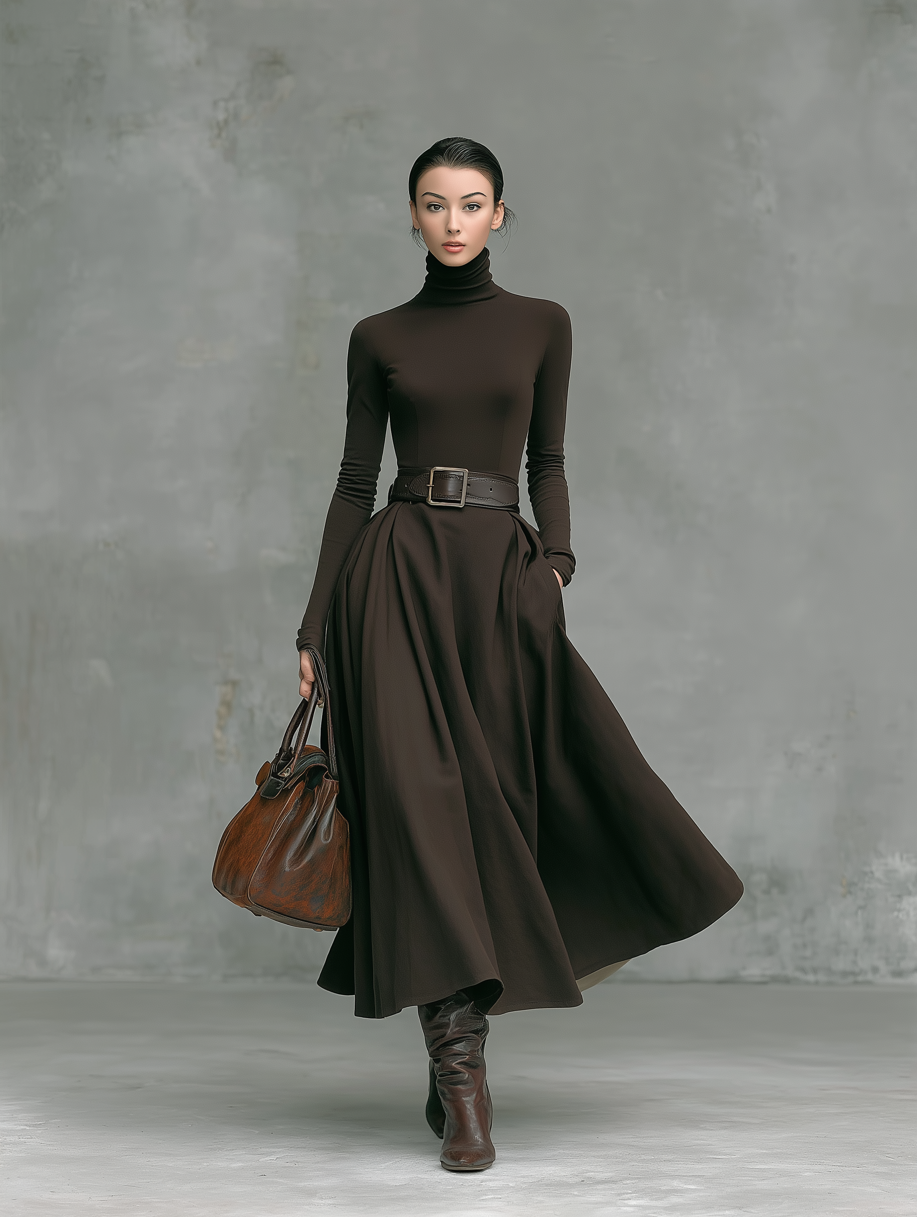 Women's Fashionable And Elegant Brown Turtleneck Long-sleeved Slim-fit Midi Dress (belt Not Included) MDA2887K3AN