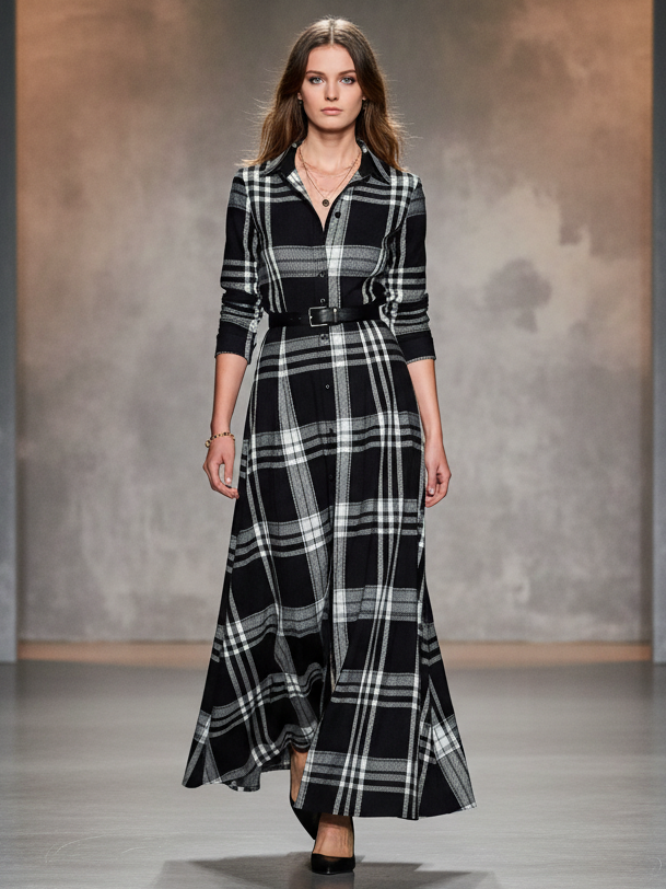 Women's Loose Plaid Long-sleeved Shirt Belt Maxi Dress MDA1694I5Y