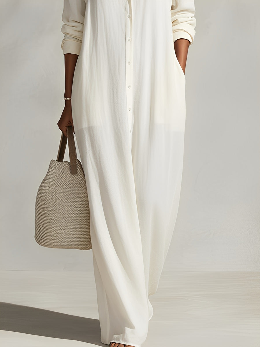 Women's Cream Textured Dress With Button-Front Detail & Relaxed Fit, Modern Casual-Chic Style Maxi Dress MDA1603L4I
