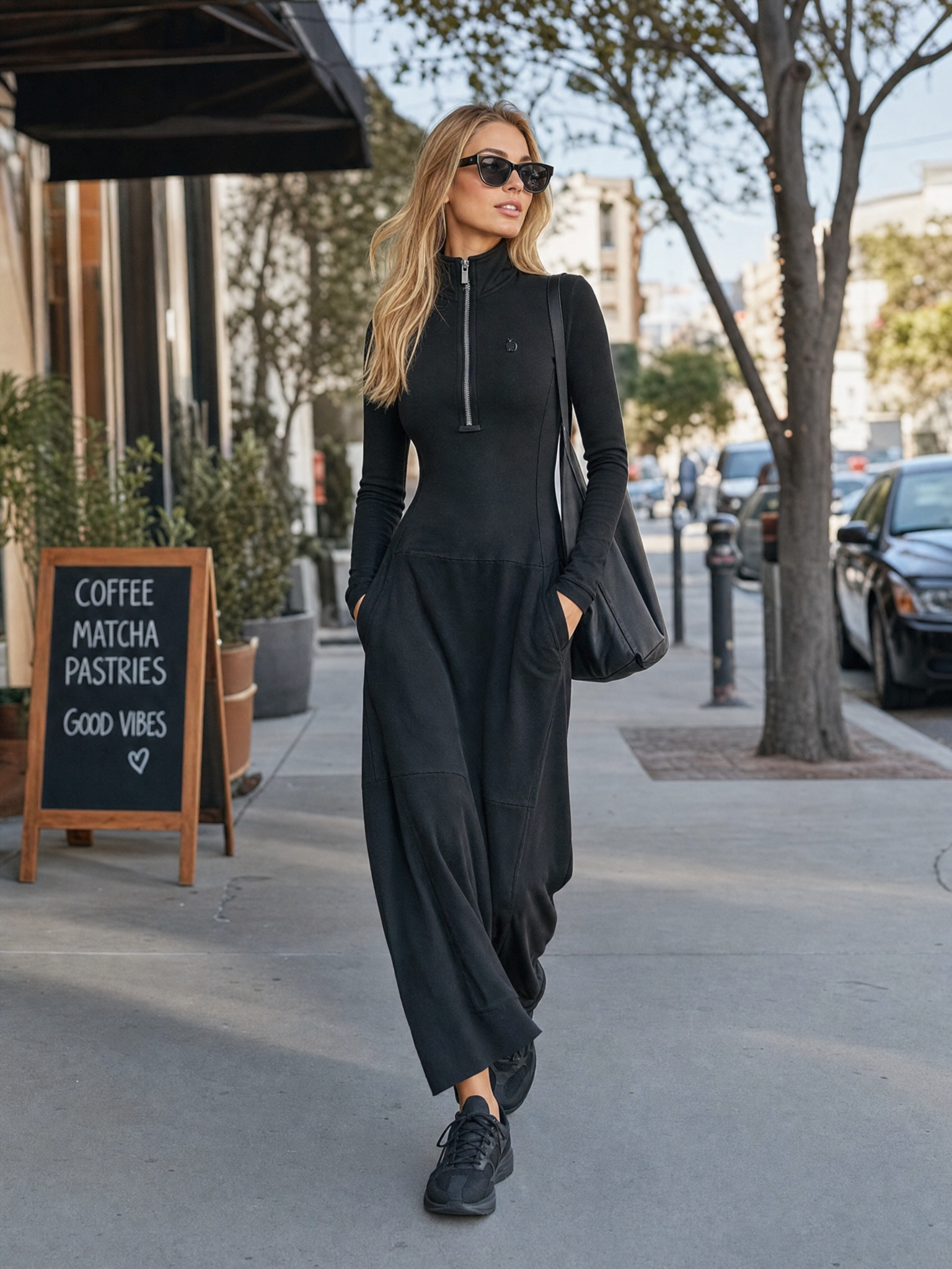 Women's Sports Cotton Blend Half-high Collar Zipper Loose Maxi Dress MDA3197G9Y