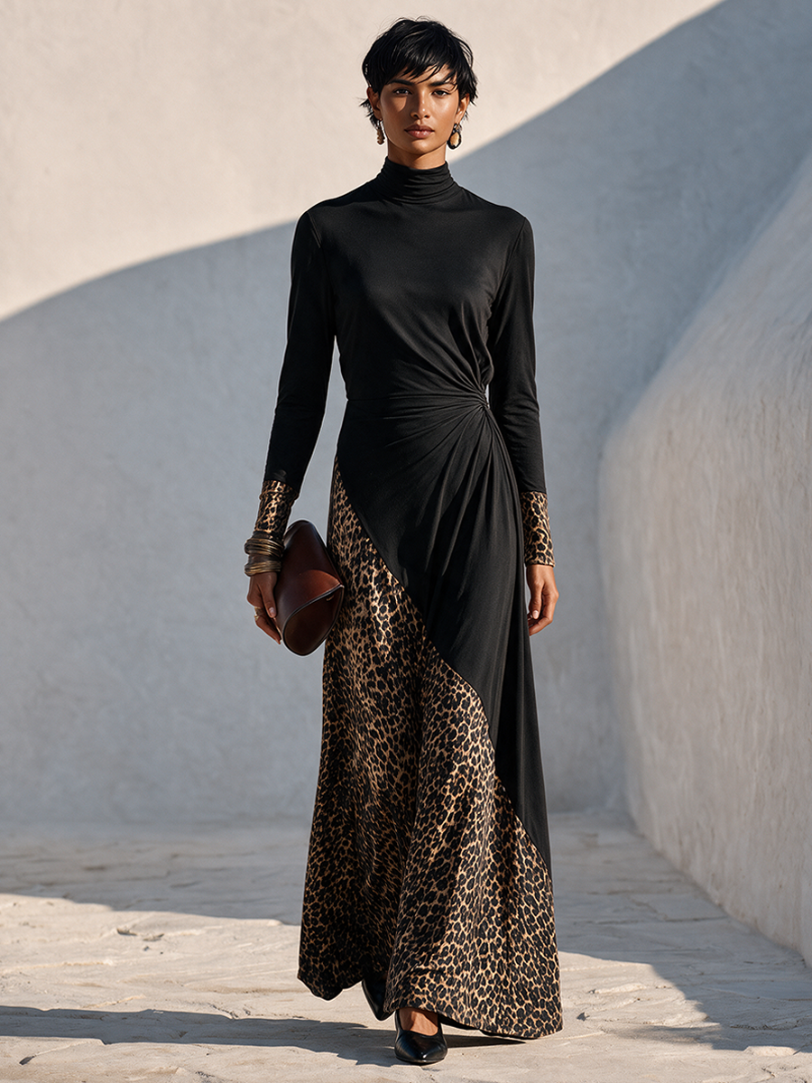 Women's Color-Block Leopard Print Panel Stretch Knit Maxi Dress MDZ3197H8ZRK