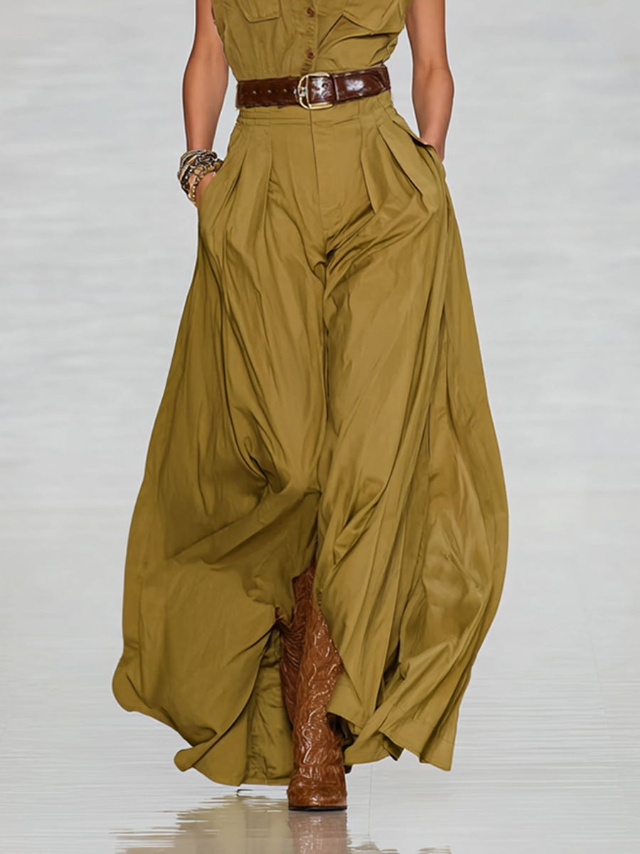 Women's Cotton Blend Lapel Single-breasted Short-sleeved Shirt Maxi Dress MDA1876G9Y