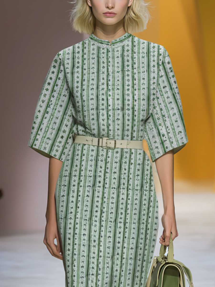 Women's Green-and-White Striped Fabric Stand-Collar Half-Sleeve Belted Midi Dress MDA2219L8T