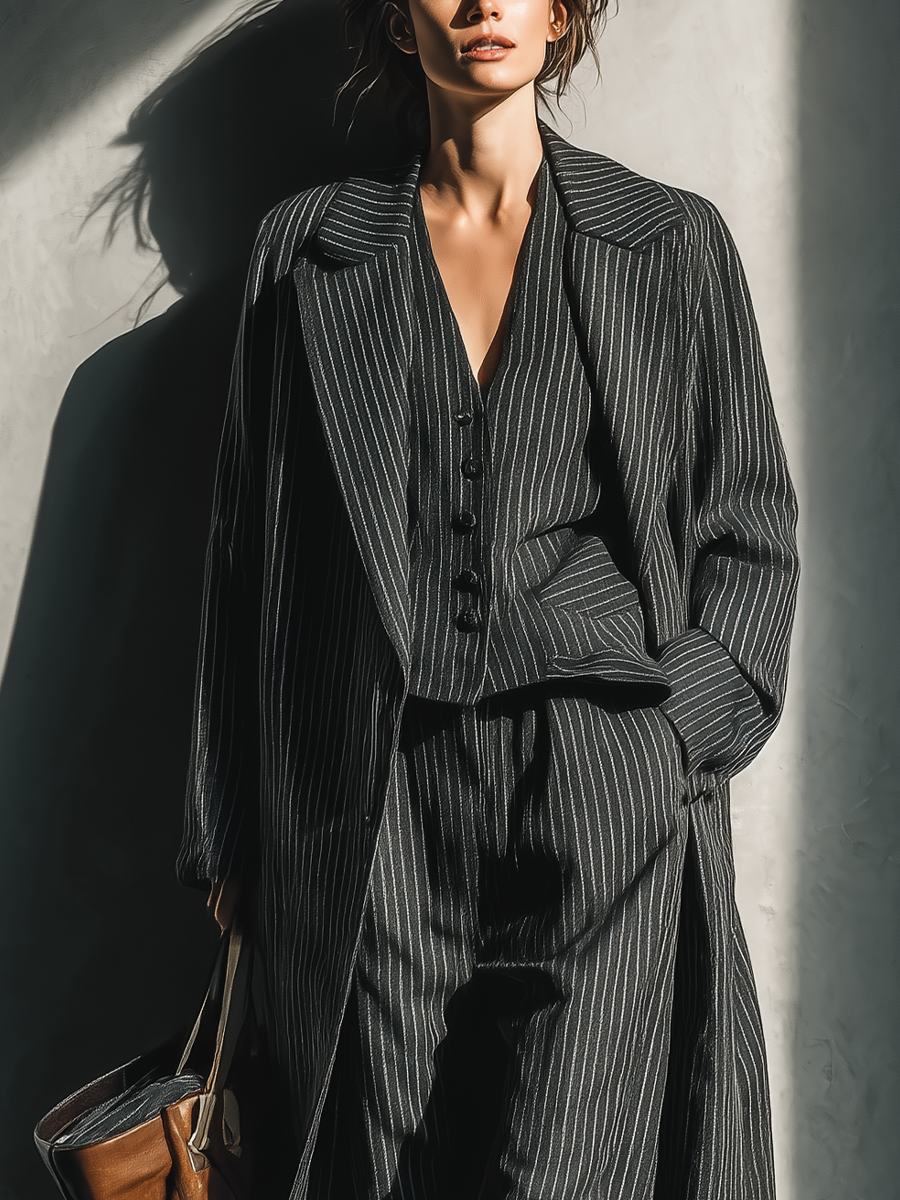 Women's Black Striped Fashionable Coat MDA1152J8T