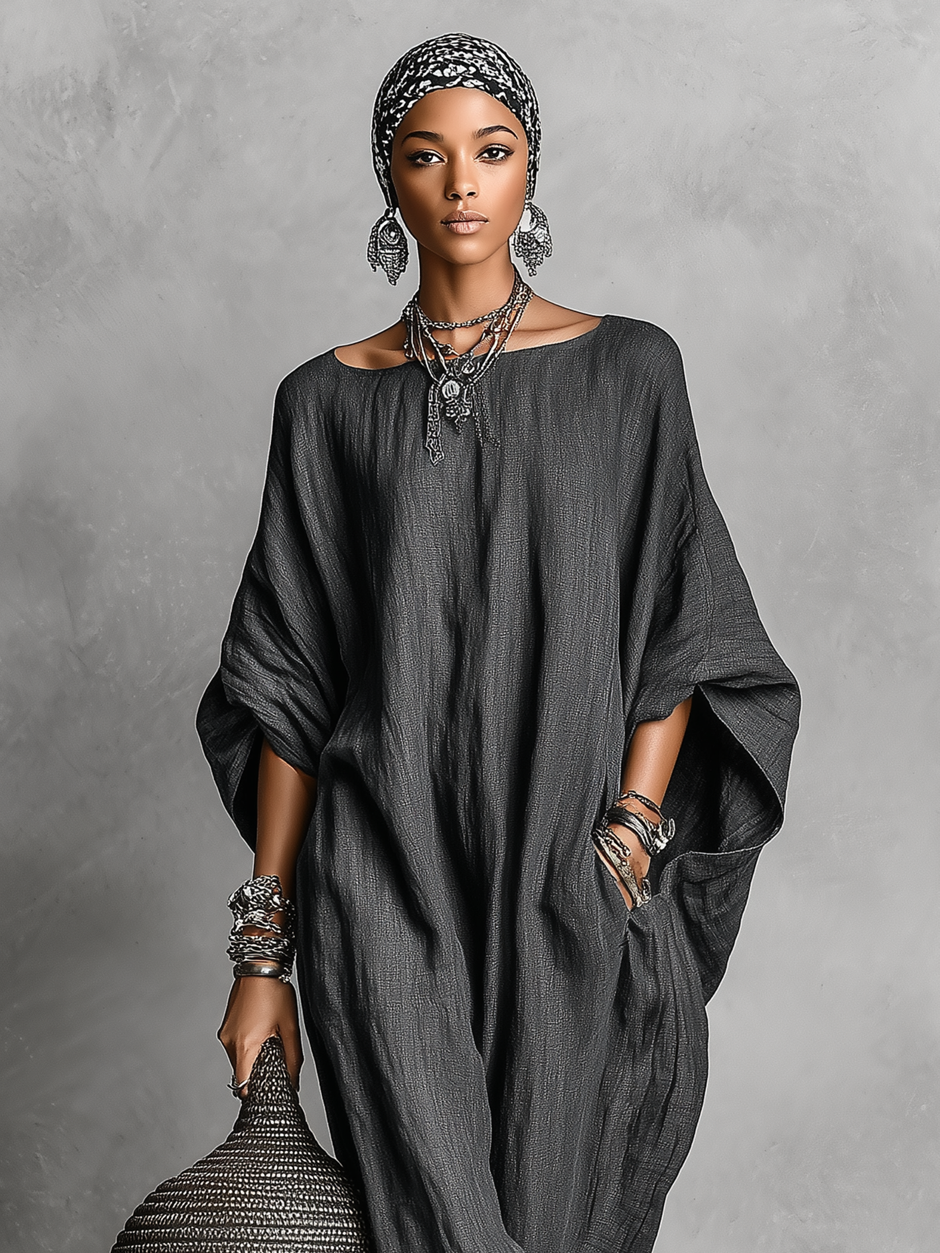 Women's Loose Cotton And Linen Batwing Sleeve Maxi Dress MDA1328K8Y