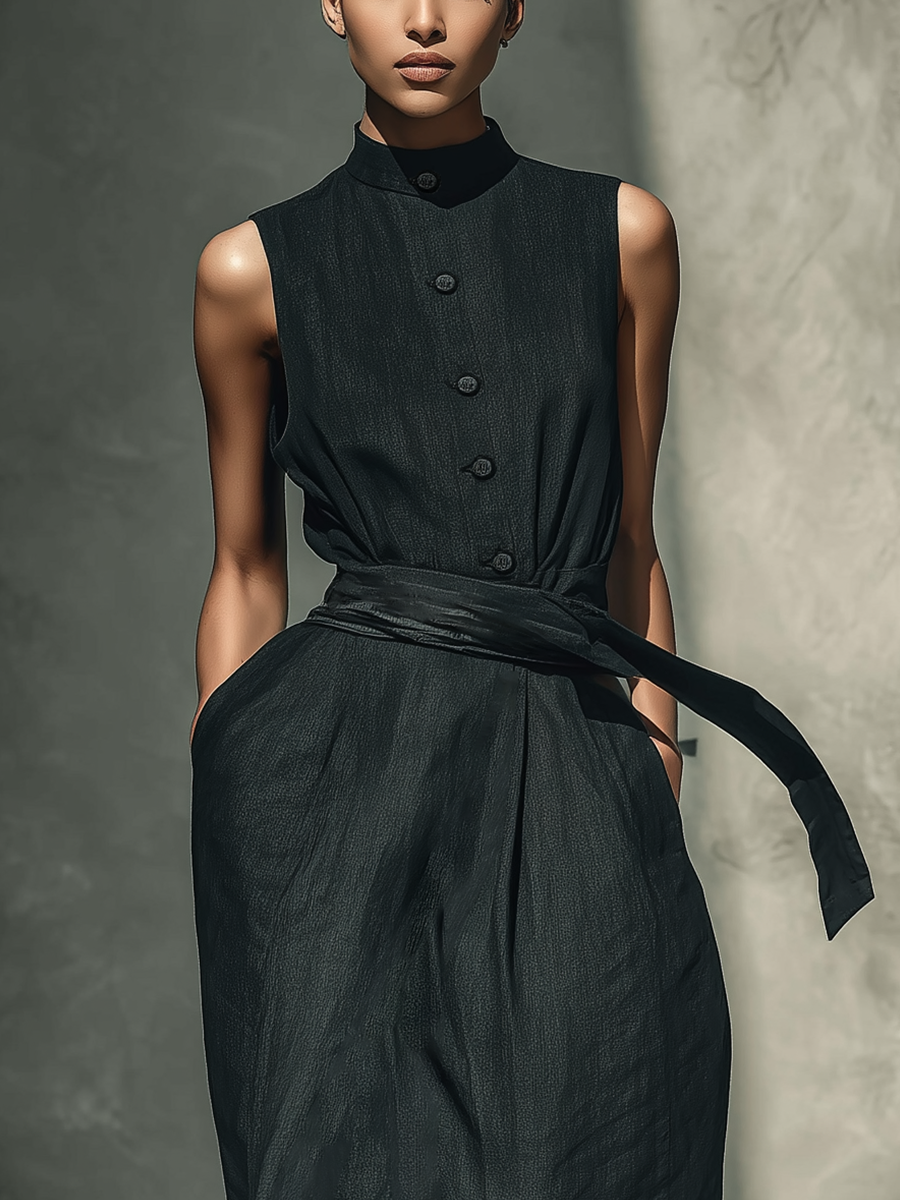 Women's Black Cotton And Linen Blend Minimalist Maxi Dress MDZ2762B2T