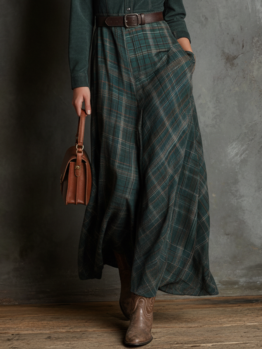 Women's Minimalist Faux Suede Shirt And Plaid Skirt Set (Including Belt) MDA2584J0Y