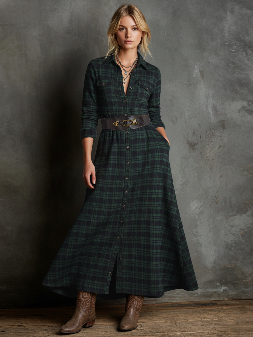 Women's Minimalist Brushed Cotton Plaid Shirt Maxi Dress MDA2999K7Y
