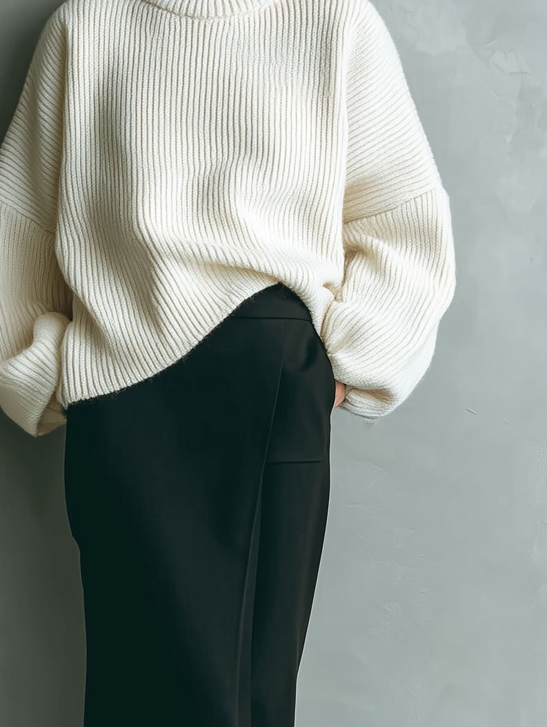 Women's Elegant And Sophisticated White Turtleneck Knitted Loose Long-sleeved Pullover Paired With A Black Fitted Midi Skirt MDA1787K9AN