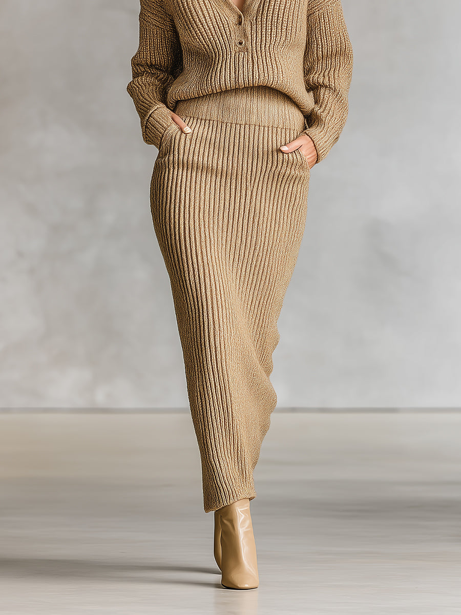 Women's Camel Elegant Ribbed Knit Collared Button - Front Midi Sweater Set MDA2688I7I