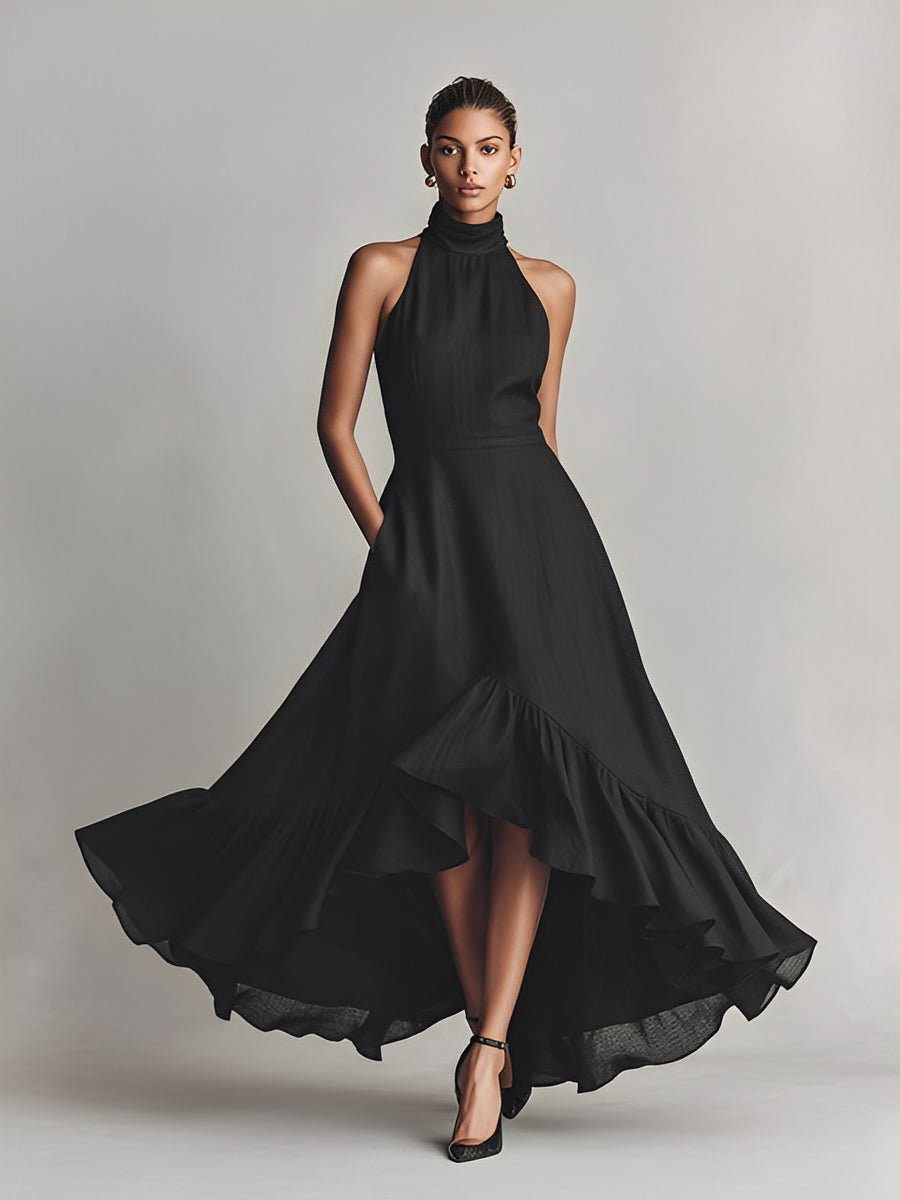 Women's Black Woven Dress With Halter Neck & Ruffled High-Low Skirt, Timeless Sleek-Elegant Style Dress MDZ0625A4I