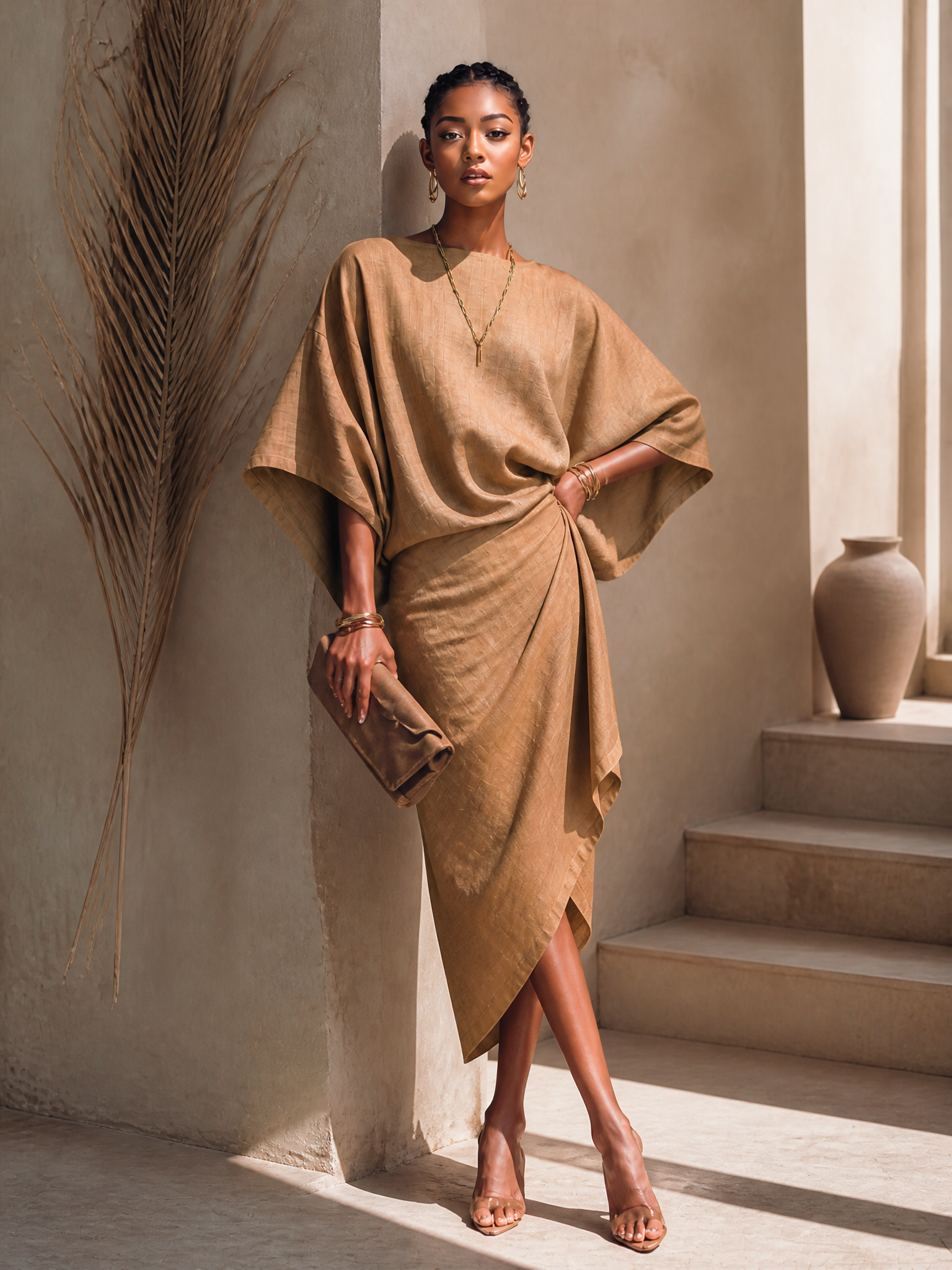 Women's Modern Minimalist Khaki Linen Blend Draped Asymmetric Short Sl – Modesees