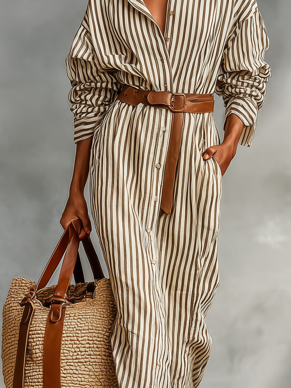 Women's Elegant White And Brown Pinstripe Long-sleeved Shirt Dress (without Belt) MDA1593L9AN