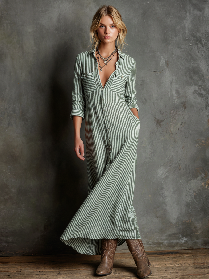 Women's Striped Pure Cotton Single-breasted Shirt Maxi Dress MDA0457L7Y