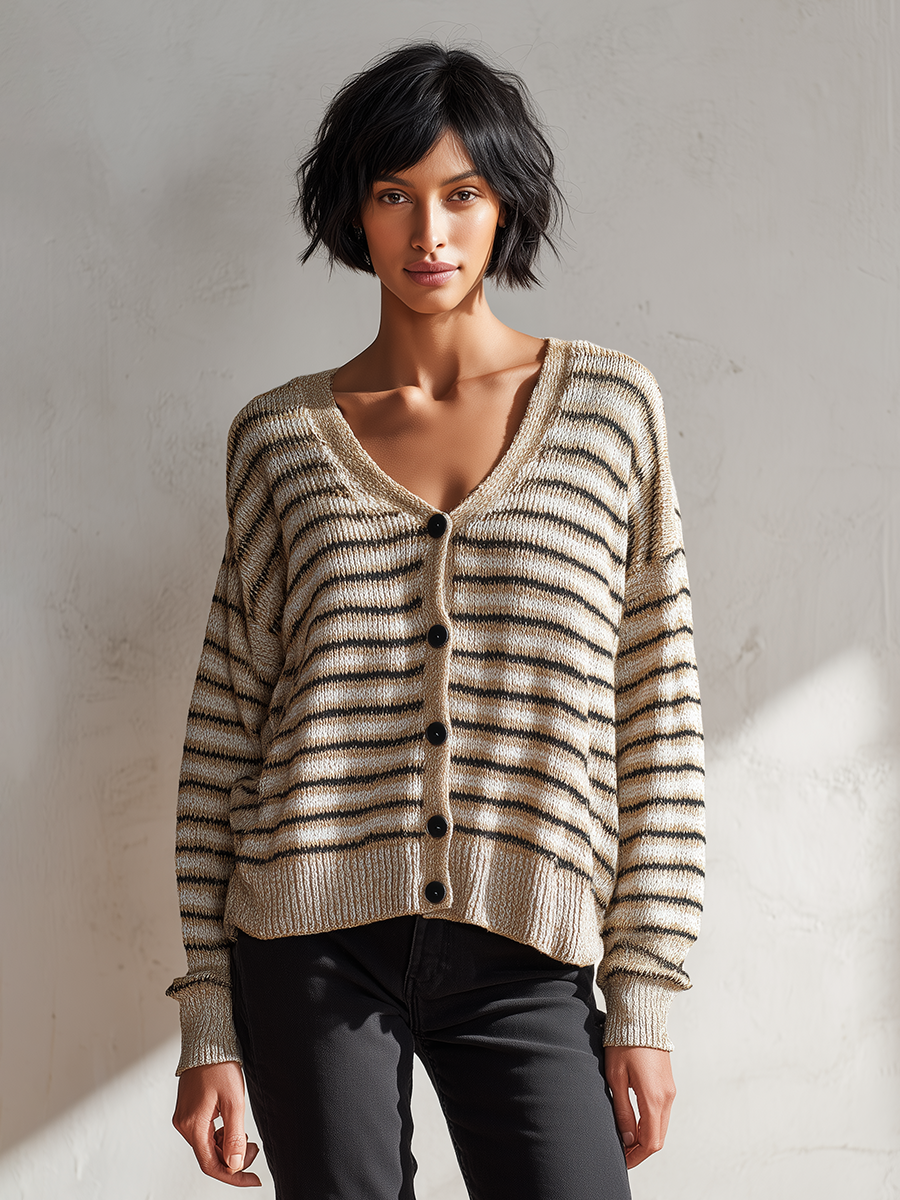 Women's Striped V-Neck Knit Cardigan MDZ2409H0ZRK