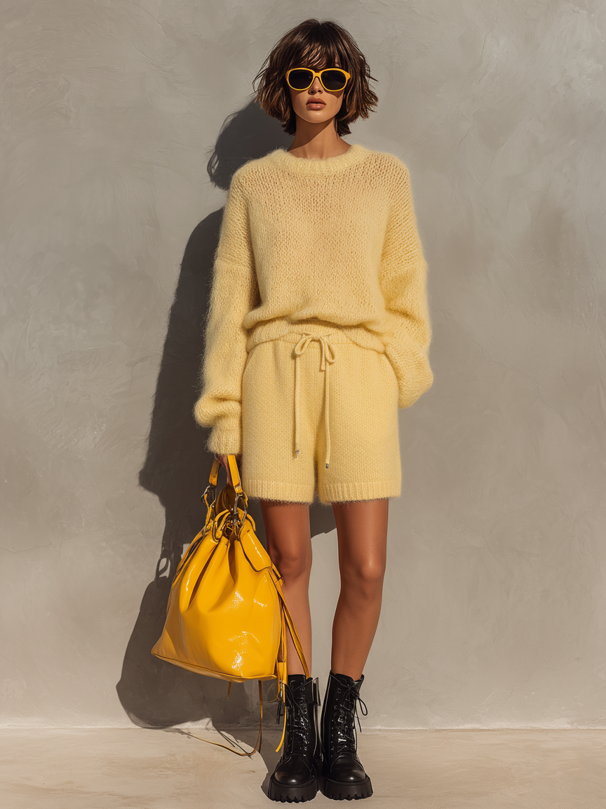 Women's Minimalist Knitted Crewneck Sweater And Shorts Set MDA1909L4Y