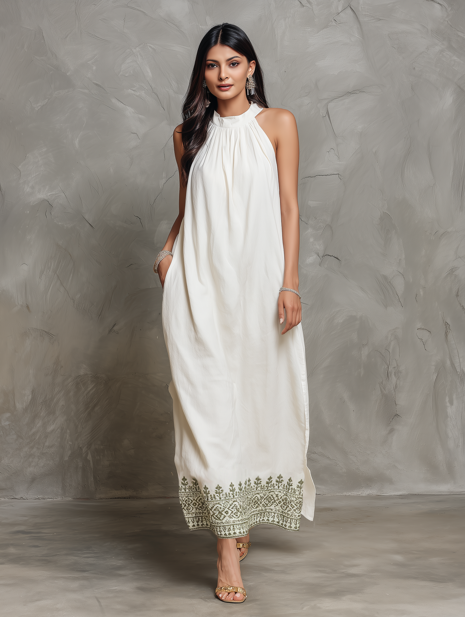 Women's Casual White Cotton Linen Embroidered Round Neck Sleeveless Straight-Cut Long Dress MDZ2609B8AN