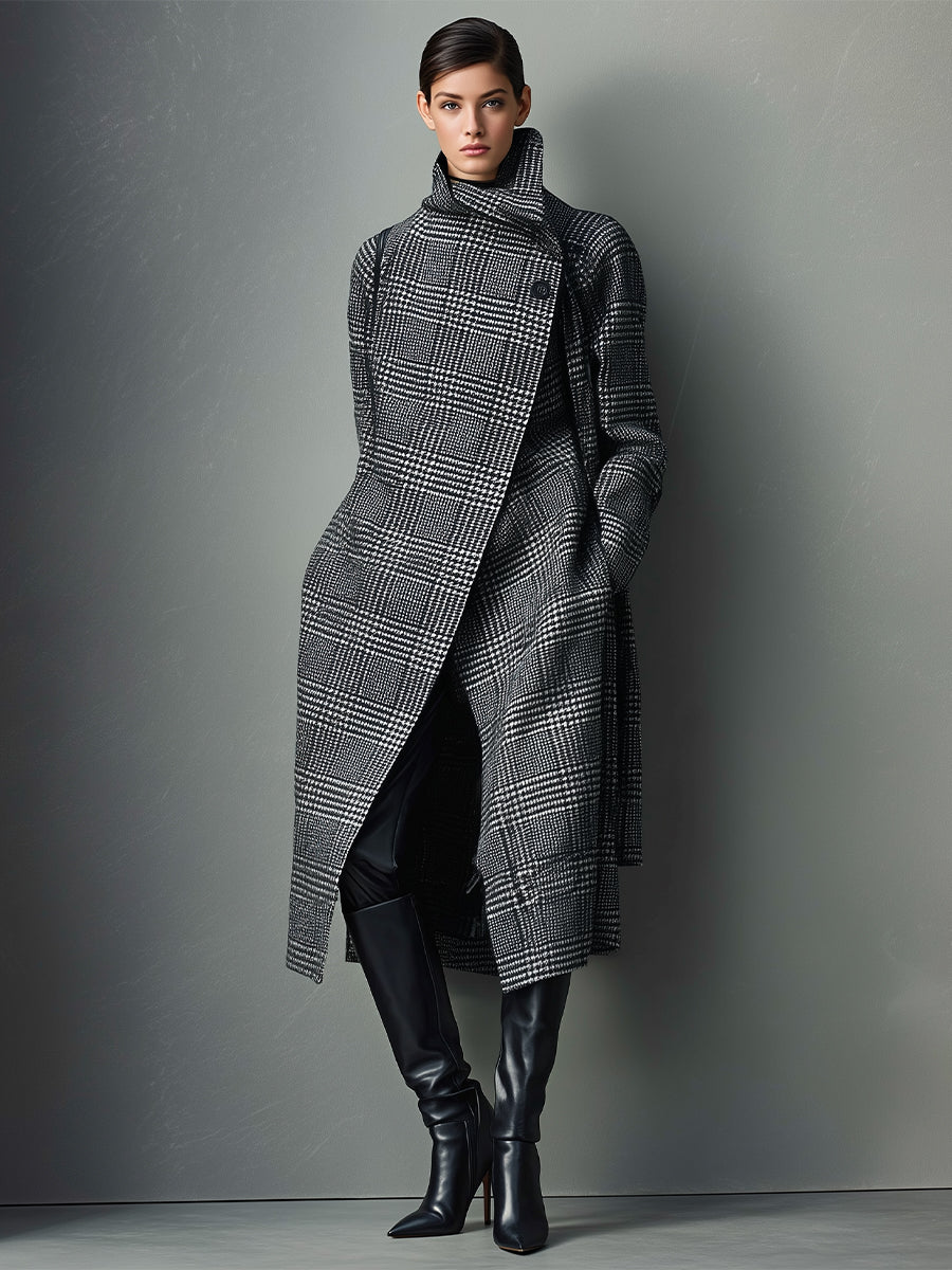 Women's Black & White Plaid Avant-Garde Maxi Coat With Asymmetric Closure & High Collar, Edgy Fashion Coat MDA2795J0I