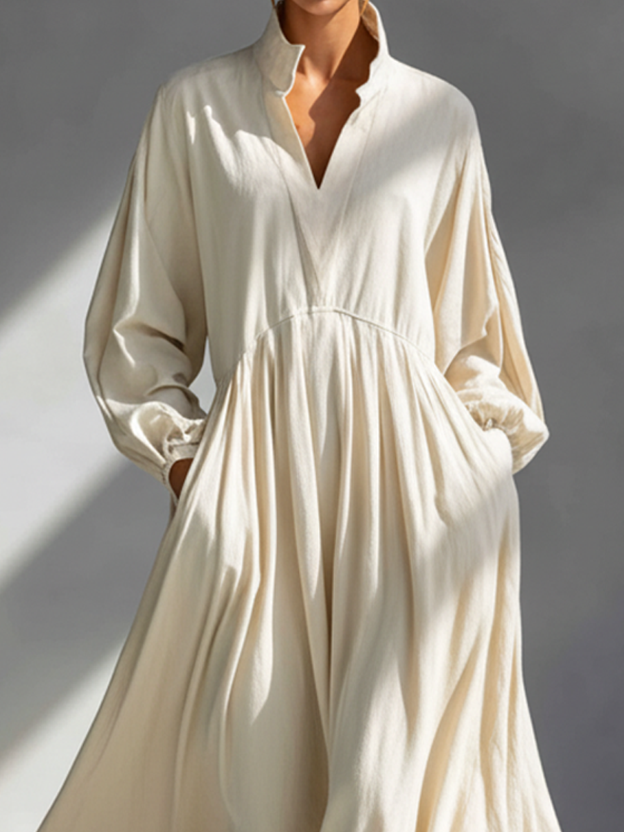 Women's Beige Stand-Collar Loose Midi Dress MDA1606L3AP