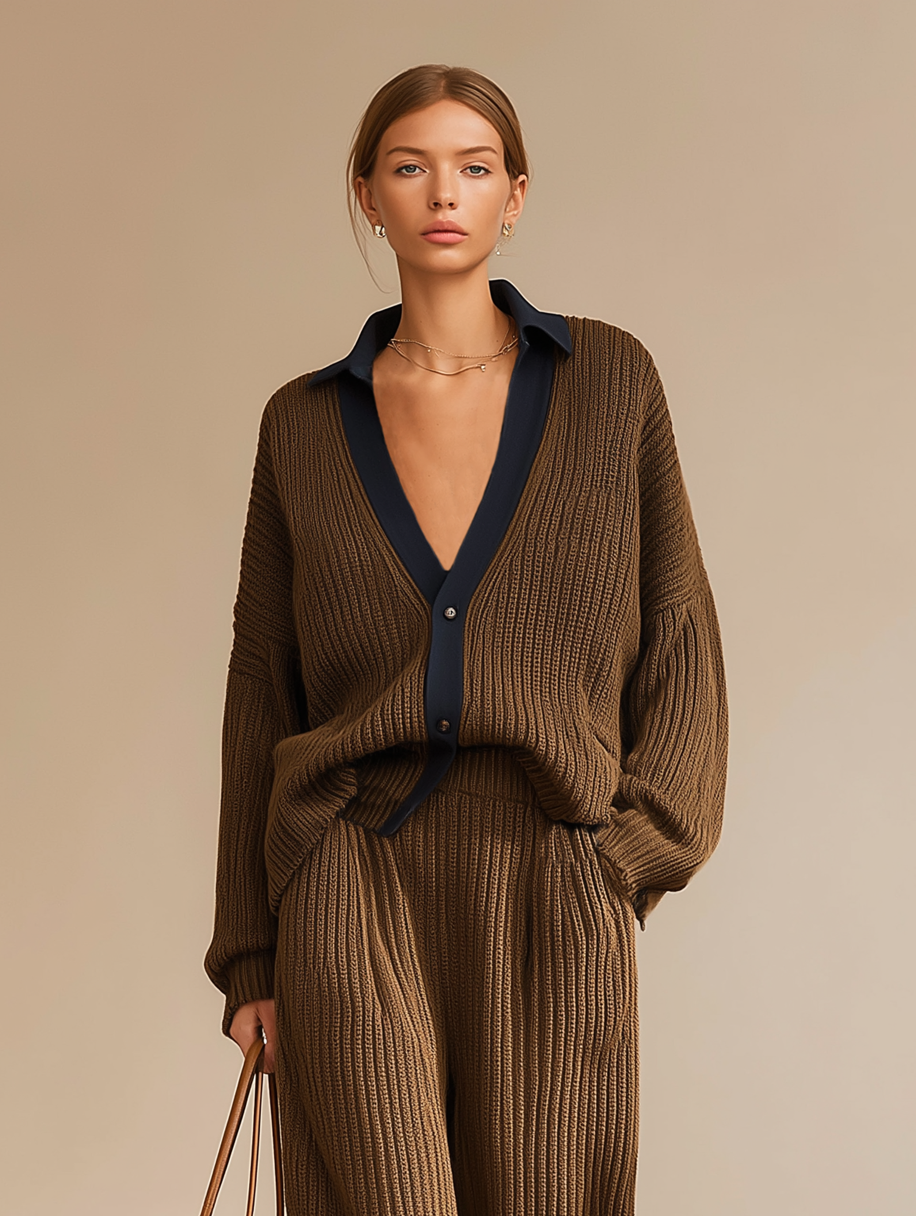 Women's Loose-fitting Knitted Color-blocked Collared Cardigan And Wide-leg Pants Set MDA1549J8Y