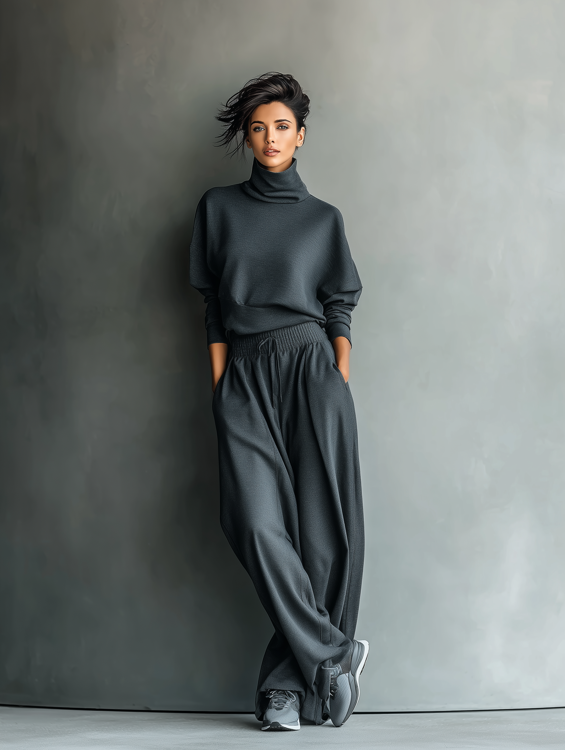 Women's Charcoal Knit Fabric Turtleneck Oversized Top & Wide-Leg Pants Set MDA2435L7T