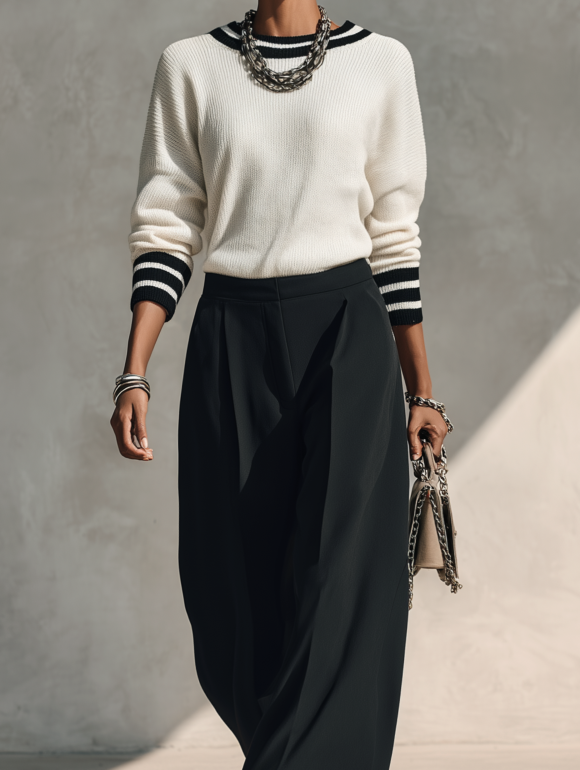 Women's Casual White Long-Sleeved Knit Sweater And Black Woven Trousers Two-Piece Set MDZ2763H2LXY