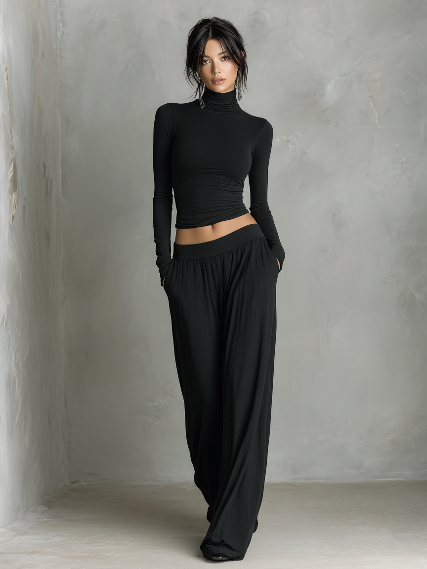 Women's Minimalist Stretchy Long-sleeved T-shirt And Wide-leg Pants Set MDA0944L9Y