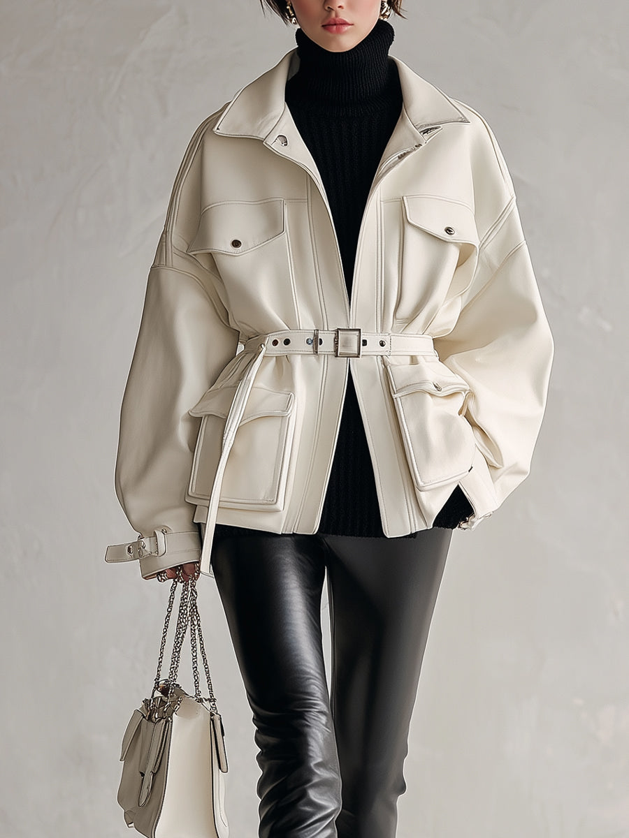 Women's Ivory Elegant PU Leather Belted Utility - Style Jacket (without Belt) MDA2627H6I