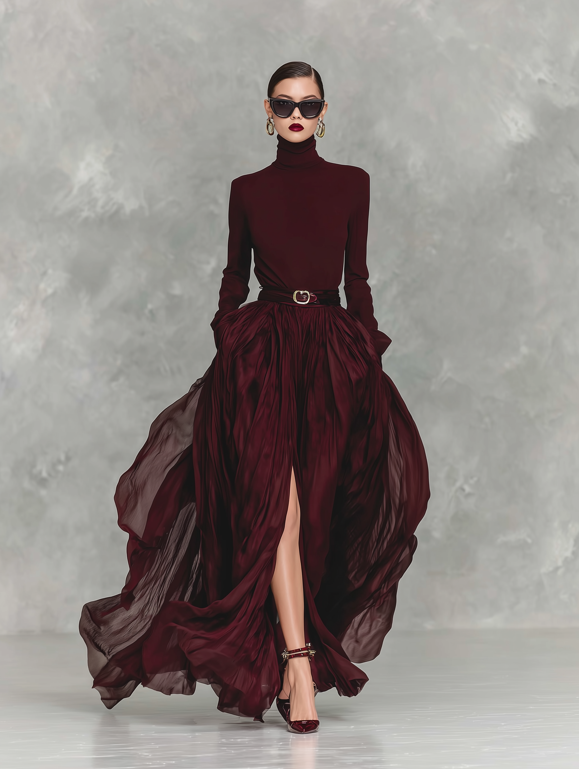 Women's Elegant Deep Red Turtleneck Long-sleeved Dress With Organza Trim At The Hem (belt Not Included) MDA1052L0AN