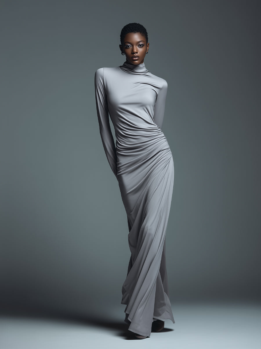 Women's Silver Chic Stretch - Knit Draped Maxi Dress MDA1446H4I