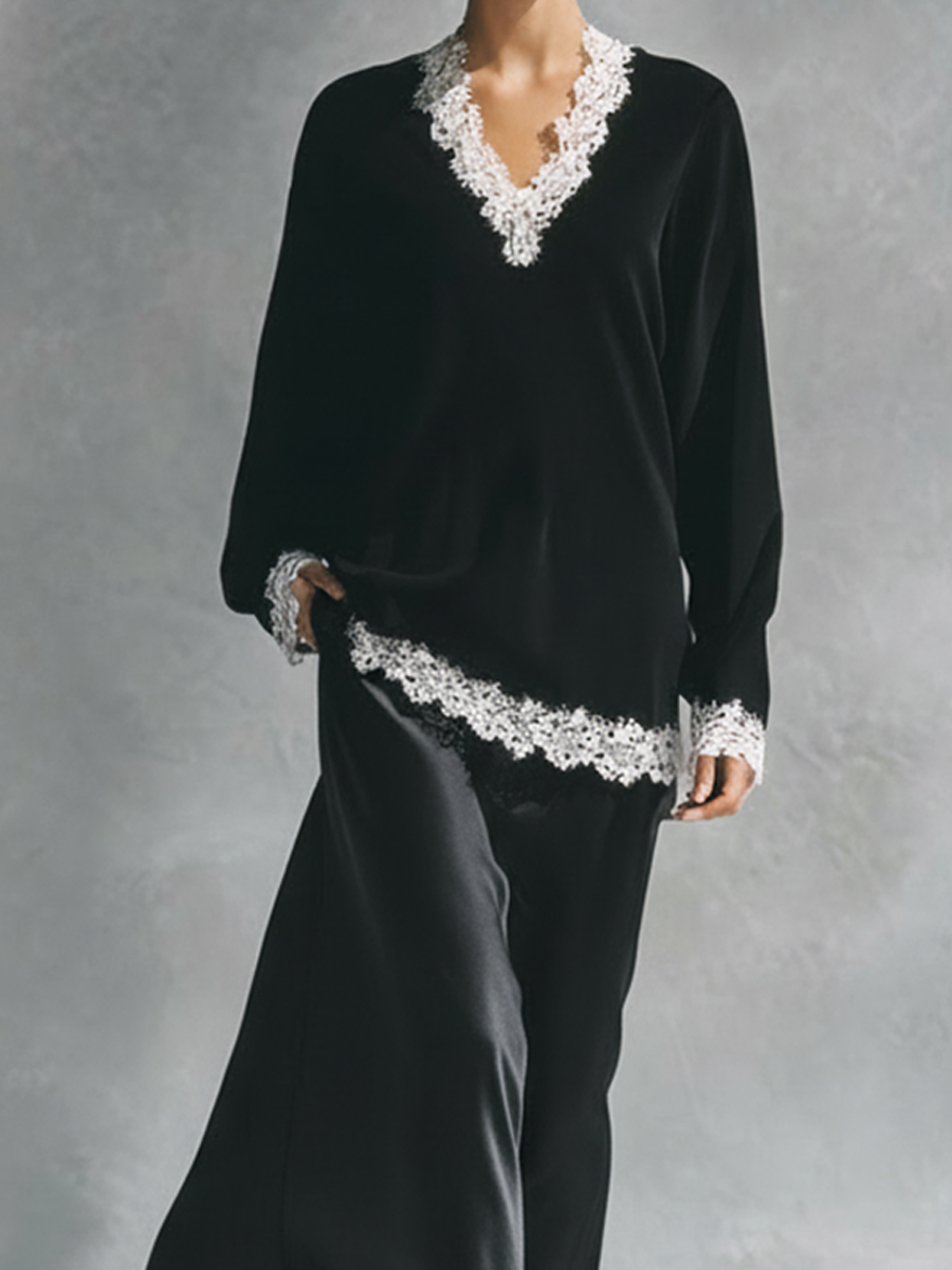 Women's Black Satin Lace-Trimmed Top And Skirt Set MDA1734L9AP