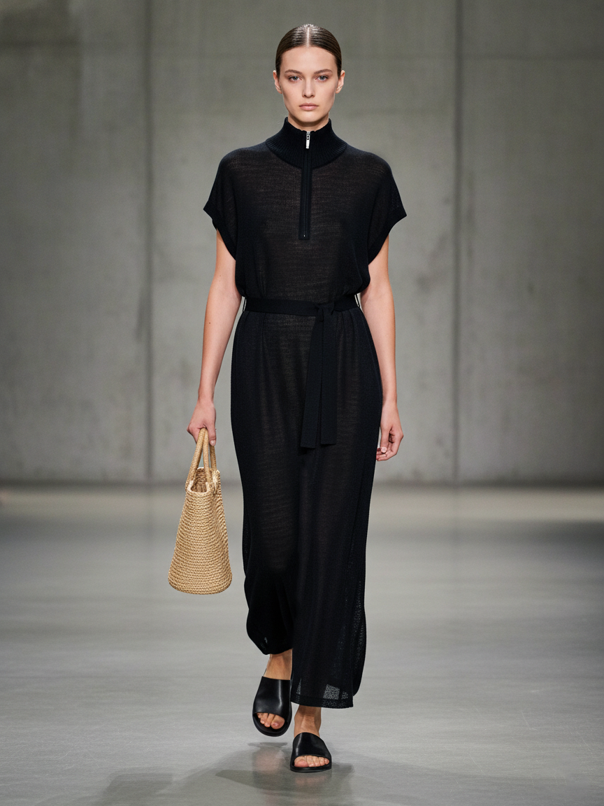 Women's Minimalist Knitted Zipper Collar Short-sleeved Sheer Maxi Dress MDZ0968A9Y