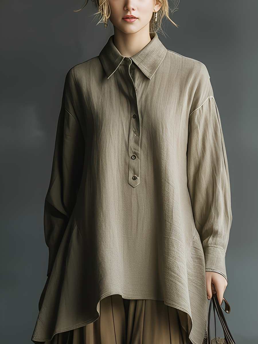 Women's Khaki Cotton-linen Loose Top And Coffee-colored High-waisted Maxi Skirt Suit MDA2271K6T