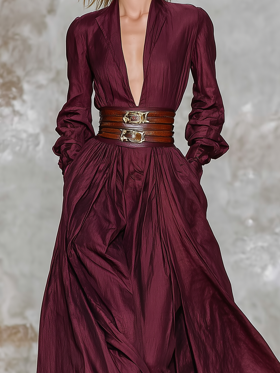 Women's Fashionable And Elegant Burgundy V-neck Long-sleeved Woven Non-stretch Fabric Fitted Waist Long Dress (belt Not Included) MDA0406L6AN
