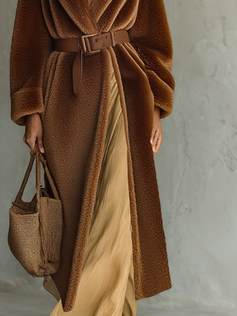 Women's Loose Teddy Velvet Blend Belt Single Button Long Coat MDA0170I9Y