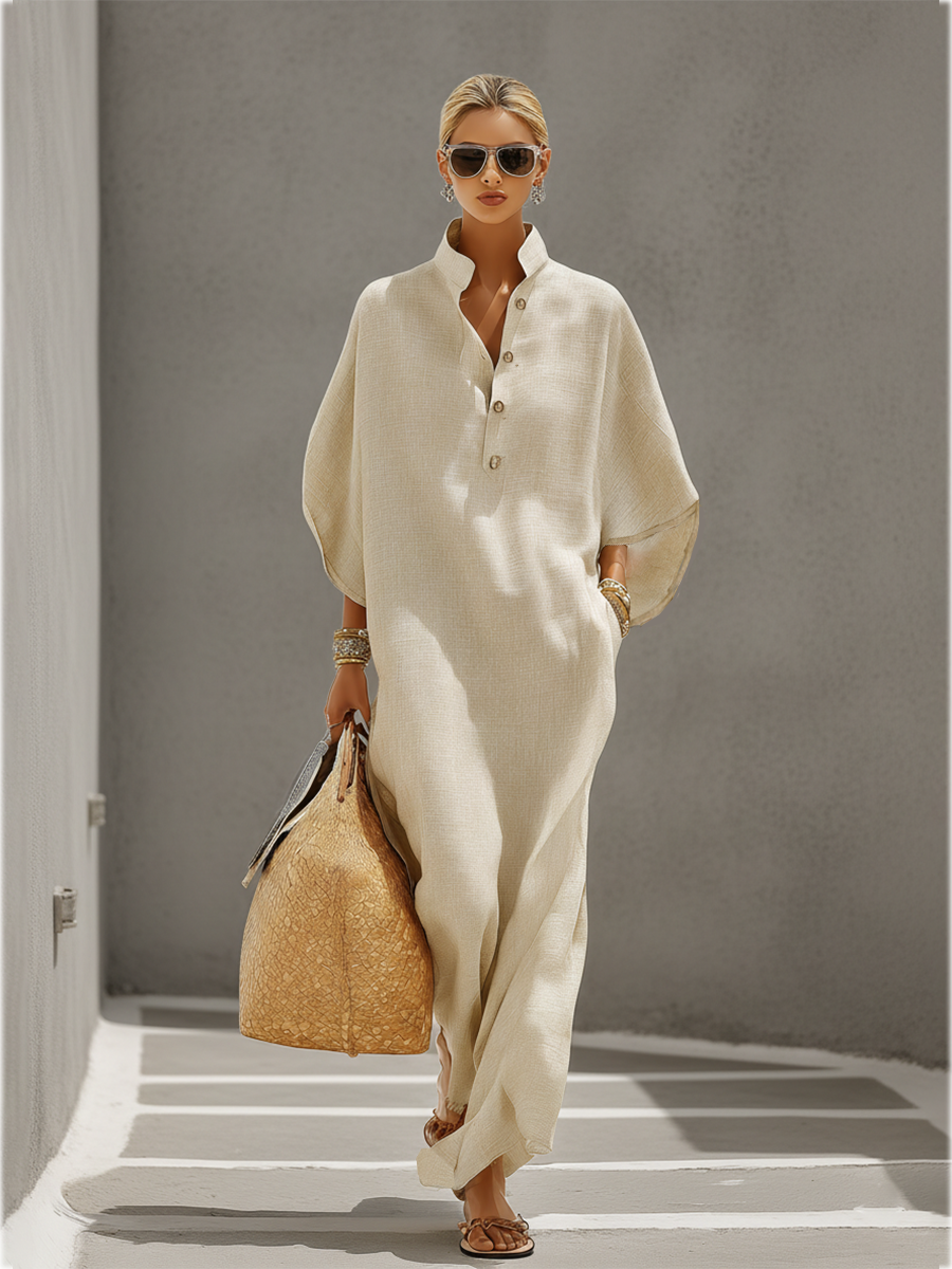 Women's Oatmeal Linen Dress With Mandarin Collar & Dolman Sleeves, Timeless Resort-Casual Style Dress MDZ0552B1I