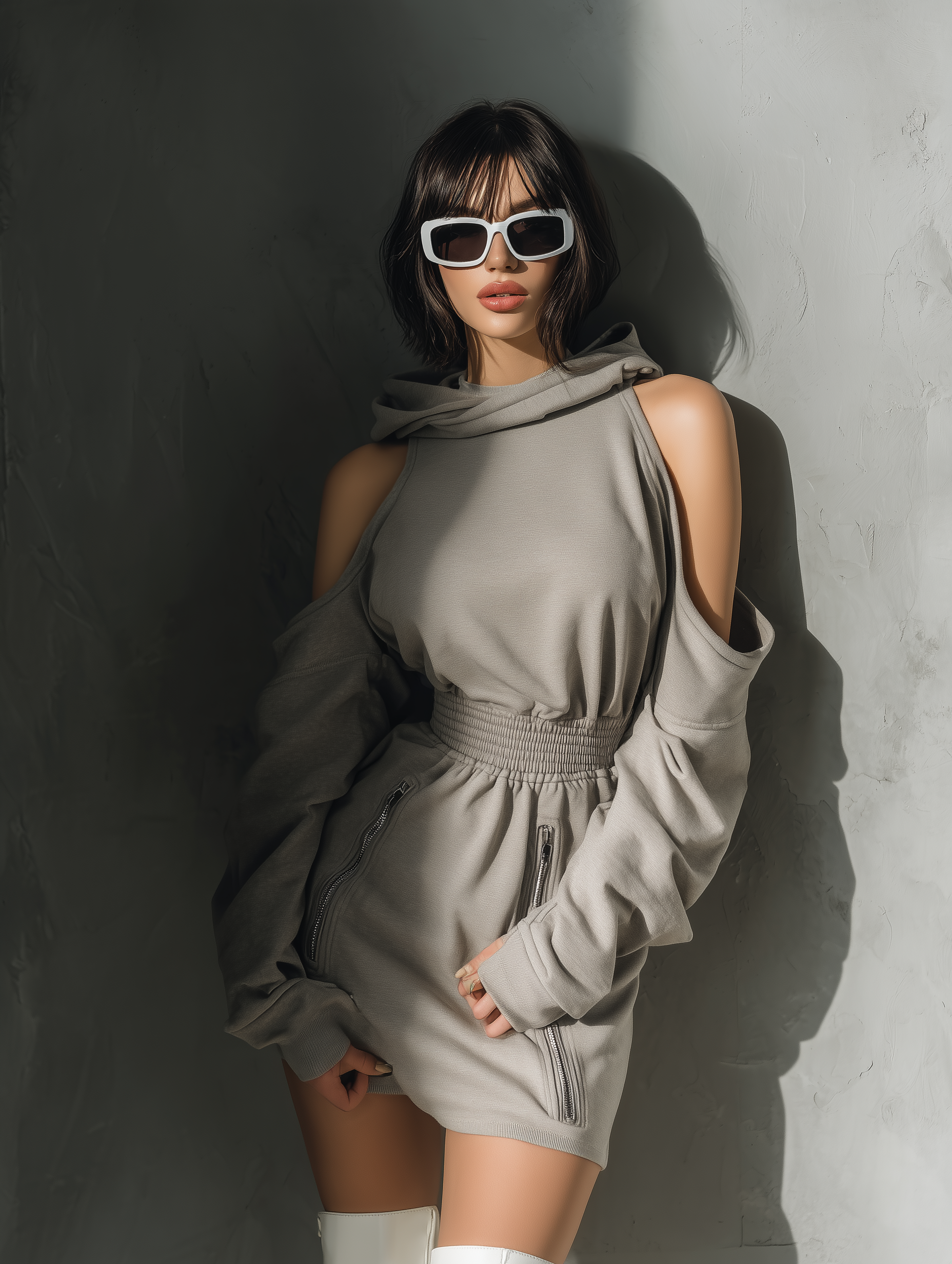 Women's Minimalist Athletic Hooded Off-the-shoulder Mini Dress MDA1823L6Y